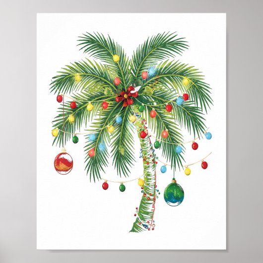 Tropische kerstpalmboom met verlichting en Ornam Poster (Voorkant)
