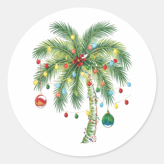 Tropische kerstpalmboom met verlichting en Ornam Ronde Sticker (Voorkant)