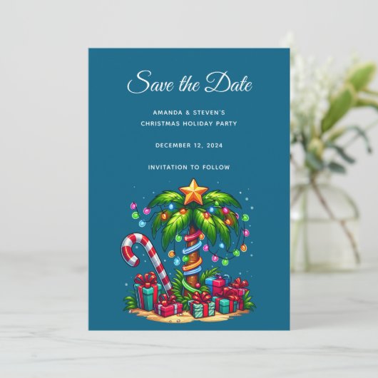 Tropische kerstpalmboom save the date (Staand voorkant)