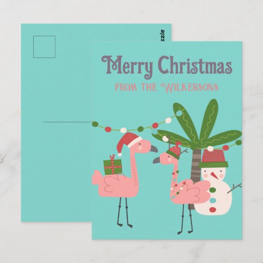 Tropische kerstroze flamingos op Blauwgroen Briefkaart (Voorkant / Achterkant)