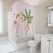 Tropische kerstroze flamingos op Blush Douchegordijn (In situ)