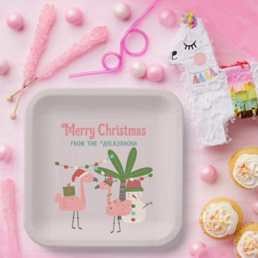 Tropische kerstroze flamingos op Blush Papieren Bordje (Feest)