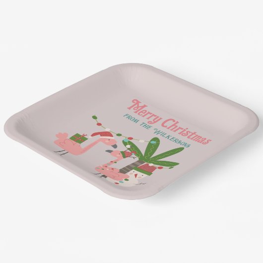 Tropische kerstroze flamingos op Blush Papieren Bordje (Gebogen)