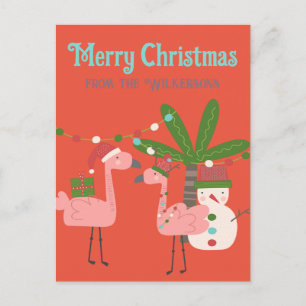 Tropische kerstroze flamingos op Sinaasappel Briefkaart