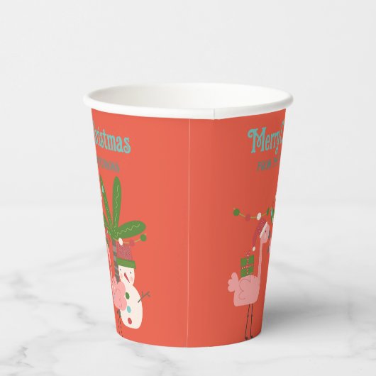 Tropische kerstroze flamingos op Sinaasappel Papieren Bekers (Rechts)