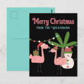 Tropische kerstroze flamingos op zwart briefkaart (Voorkant / Achterkant)