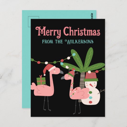 Tropische kerstroze flamingos op zwart briefkaart (Voorkant / Achterkant)
