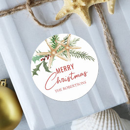 Tropische kerststrand zeesterren ronde sticker