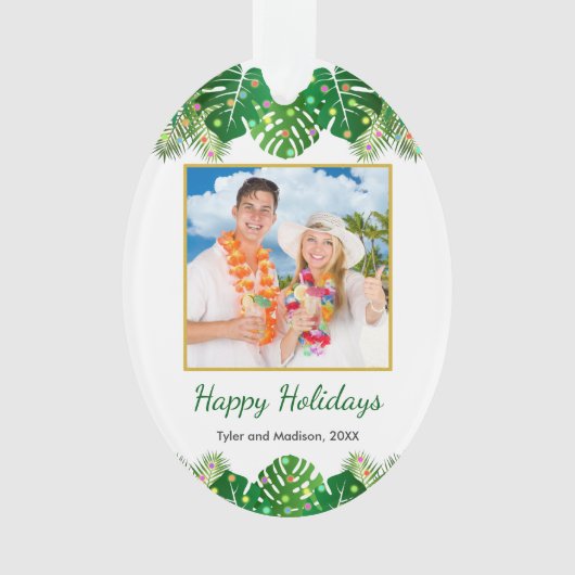 Tropische kerstverlichting gouden foto ornament (voorkant)