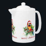 Tropische Kerstvogel Retro Vrolijk Kerstfeest Theepot<br><div class="desc">Dit tropische thema kerstpapier cup ontwerp is voorzien van een tropische vogel met een kerstmuts vakantie groen en rode retro vrolijke kerst typografie. Ga gezellig dit vakantieseizoen met deze mok vol met uw favoriete drankje.</div>