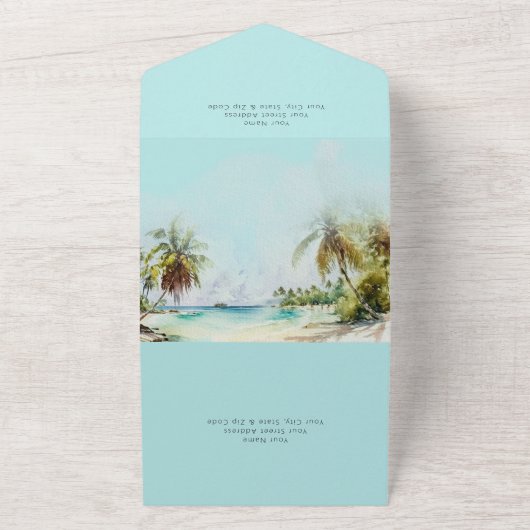 Tropische kever-palmbomen bruiloft all in one uitnodiging (Buitenkant)