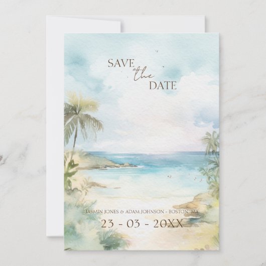 Tropische kever-palmbomen bruiloft save the date (Voorkant)