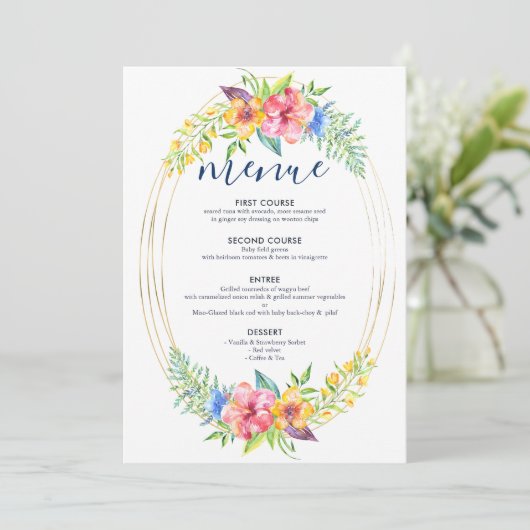 Tropische kleuren bloemen lijst van bouquet gold menu (Staand voorkant)