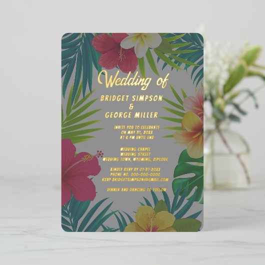 Tropische kleurrijke hibiscus Hawaïaanse zomer bru Folie Uitnodiging (Staand Voorkant)