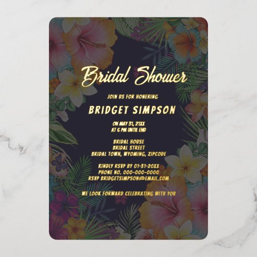Tropische kleurrijke hibiscus Hawaïaanse zomer bru Folie Uitnodiging (Voorkant)