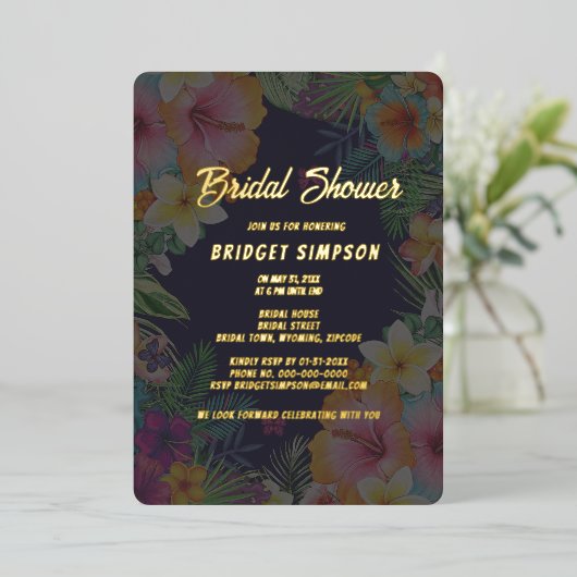 Tropische kleurrijke hibiscus Hawaïaanse zomer bru Folie Uitnodiging (Staand Voorkant)