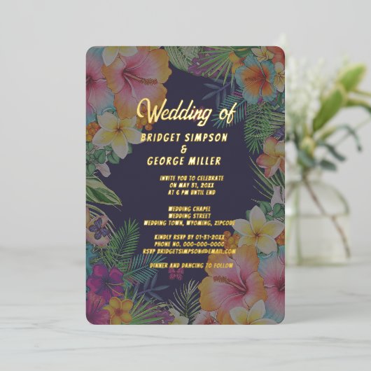 Tropische kleurrijke hibiscus Hawaïaanse zomer bru Folie Uitnodiging (Staand Voorkant)