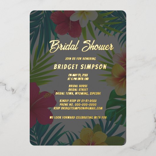 Tropische kleurrijke hibiscus Hawaïaanse zomer bru Folie Uitnodiging (Voorkant)