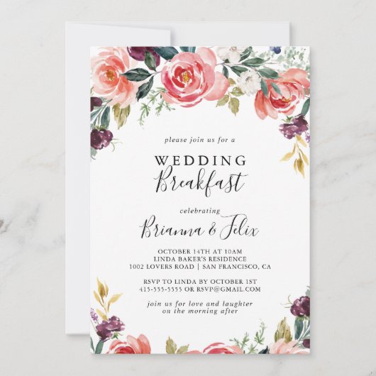 Tropische kleurrijke zomer bloemenbruiloft ontbijt kaart (Voorkant)