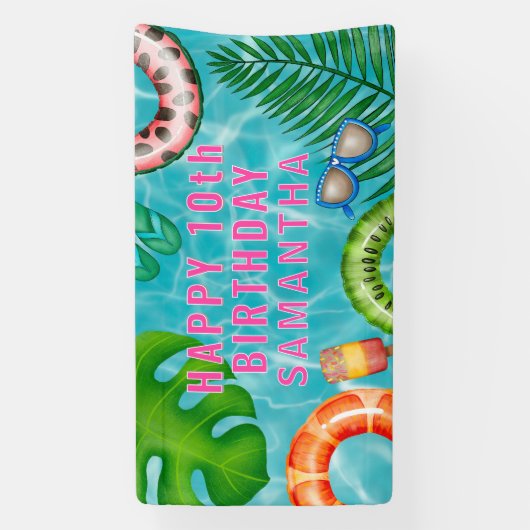 Tropische kleurrijke zwembad partij verjaardag spandoek (Verticaal)