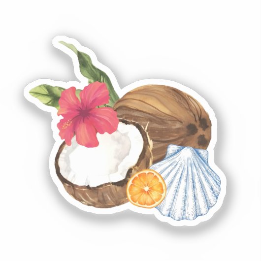 Tropische Kokos en Schelp Sticker (Voorkant)