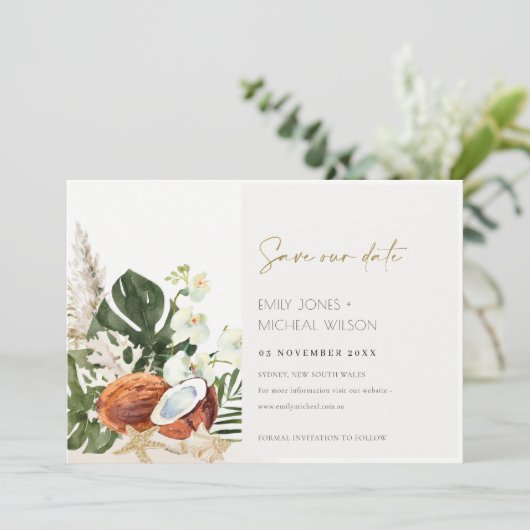 Tropische kokosnoot Orchids Palm Waterverf Save The Date (Staand voorkant)