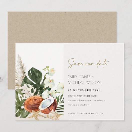Tropische kokosnoot Orchids Palm Waterverf Save The Date (Voorkant / Achterkant)