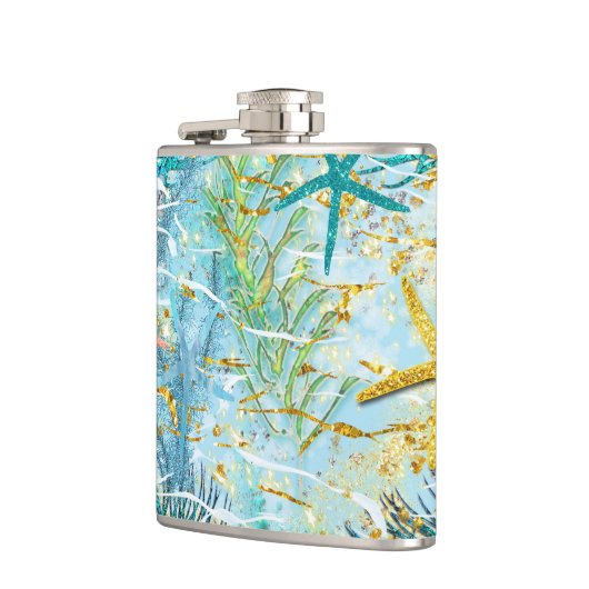 Tropische kolf onder Zee, met vinylvlokken Heupfles (Links)