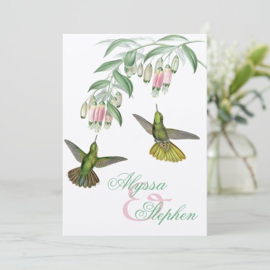 Tropische kolibrie Bloemen bruiloft uitnodiging (Staand voorkant)