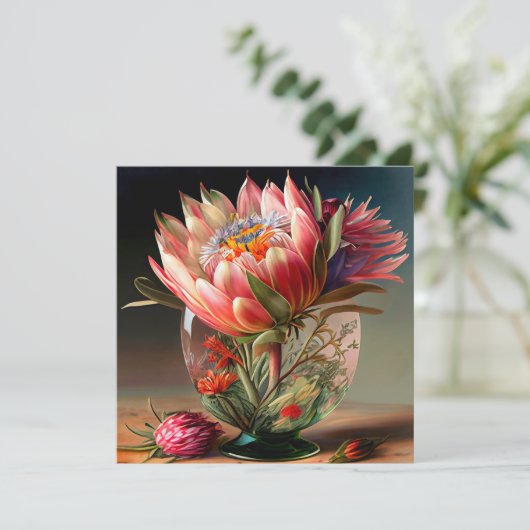 Tropische Koning Protea in mooie glazen vaas Kaart (Staand voorkant)
