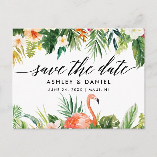Tropische koraal bloemenkalligrafie Save the Date Briefkaart (Voorkant)