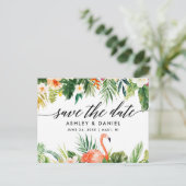 Tropische koraal bloemenkalligrafie Save the Date Briefkaart (Staand voorkant)