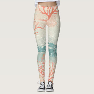 Tropische koraaltakken in perzik en aquablauw leggings