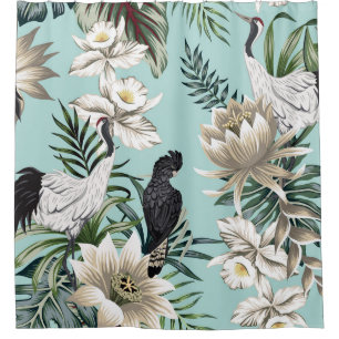 Tropische kraanvogel, papegaai, lotusvloed douchegordijn