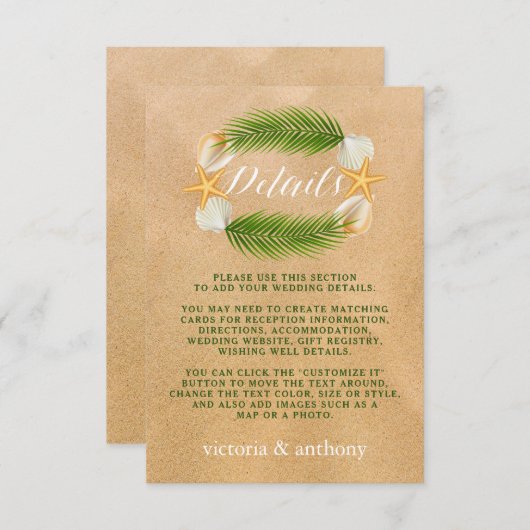 Tropische krans Sandy Beach Bruiloft Detail Informatiekaartje (Voorkant / Achterkant)