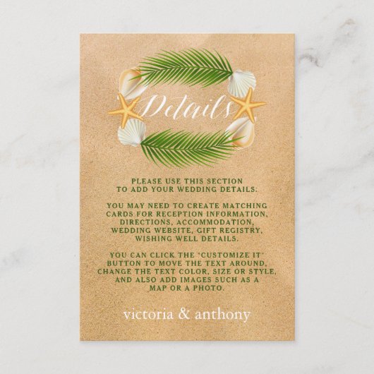 Tropische krans Sandy Beach Bruiloft Detail Informatiekaartje (Voorkant)