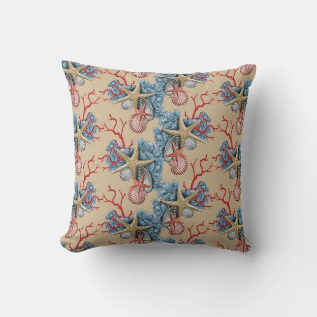 Tropische kreeften schelp Coral Blue Tan Copper Kussen (Voorkant)