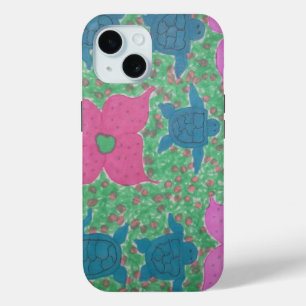 Tropische kunst met zeeen schildpadden en bloemen iPhone 15 case