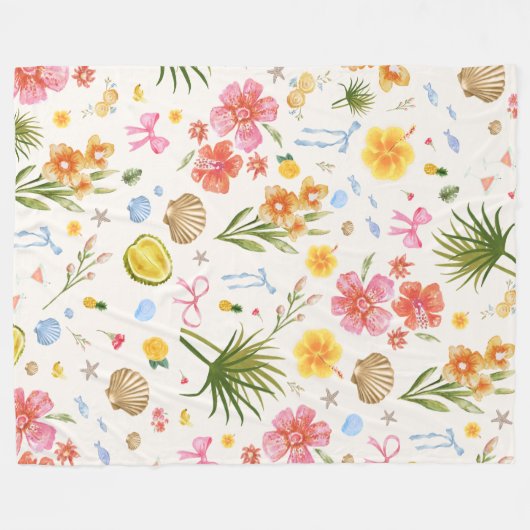 Tropische kust Hand getrokken bloemen en schelpen Fleece Deken (Voorkant (Horizontaal))