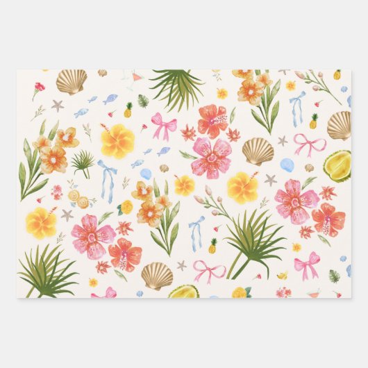 Tropische kust Hand getrokken bloemen en schelpen Inpakpapier Vel (Voorkant 3)