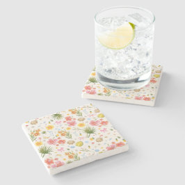 Tropische kust Hand getrokken bloemen en schelpen Stenen Onderzetter