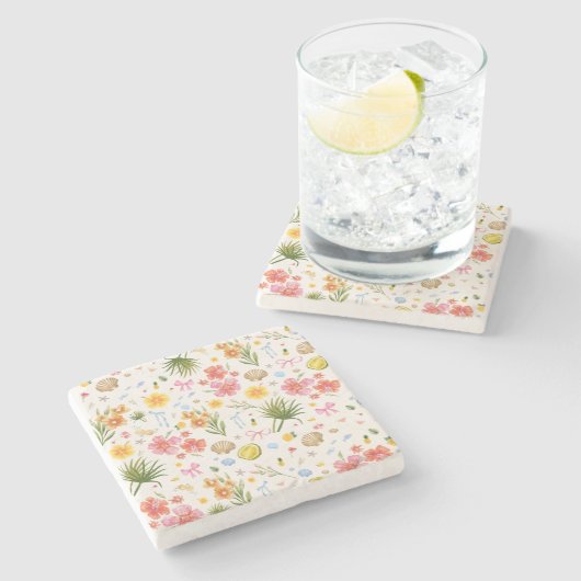 Tropische kust Hand getrokken bloemen en schelpen Stenen Onderzetter (Zijkant)