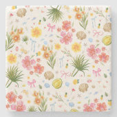 Tropische kust Hand getrokken bloemen en schelpen Stenen Onderzetter (Voorkant)