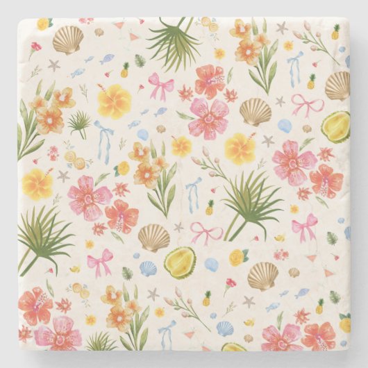 Tropische kust Hand getrokken bloemen en schelpen Stenen Onderzetter (Voorkant)