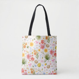 Tropische kust Hand getrokken bloemen en schelpen Tote Bag