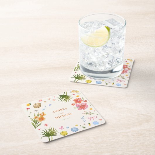 Tropische Kust Hand Getrokken Bloemen Schelpen Huw Kartonnen Onderzetters (Insitu)