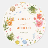 Tropische Kust Hand Getrokken Bloemen Schelpen Huw Ronde Sticker (Voorkant)