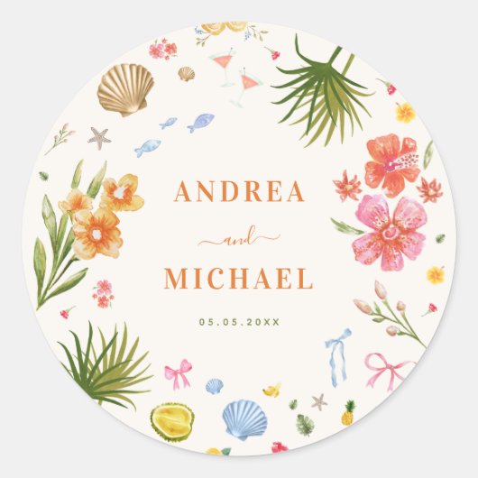 Tropische Kust Hand Getrokken Bloemen Schelpen Huw Ronde Sticker (Voorkant)