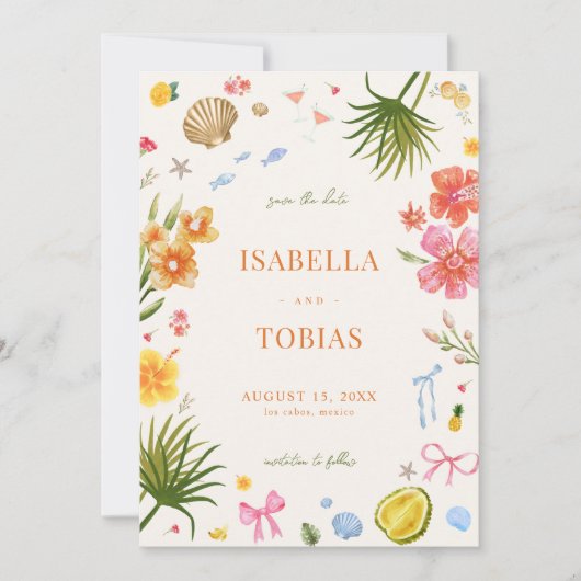 Tropische Kust Hand Getrokken Bloemen Schelpen Huw Save The Date (Voorkant)