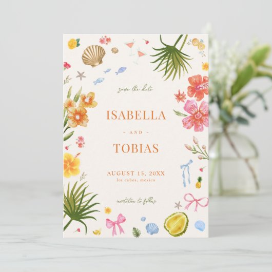Tropische Kust Hand Getrokken Bloemen Schelpen Huw Save The Date (Staand voorkant)